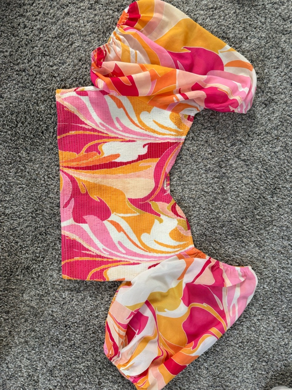 Flying Tomato Swirl-Print Smocked Crop Top in Pink, Orange, White